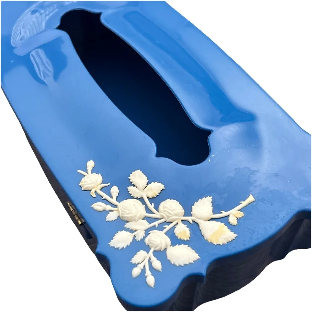 1950s Schwartz Bros Blue Plastic Vanity Set Lotion Powder Cup Tissue Box Vintage